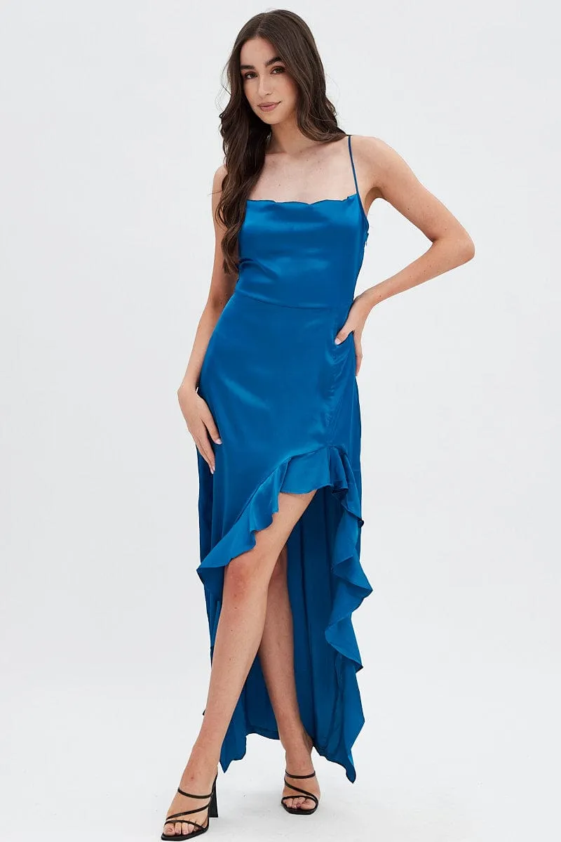 Blue Ruffle Maxi Satin Cowl Neck Dress