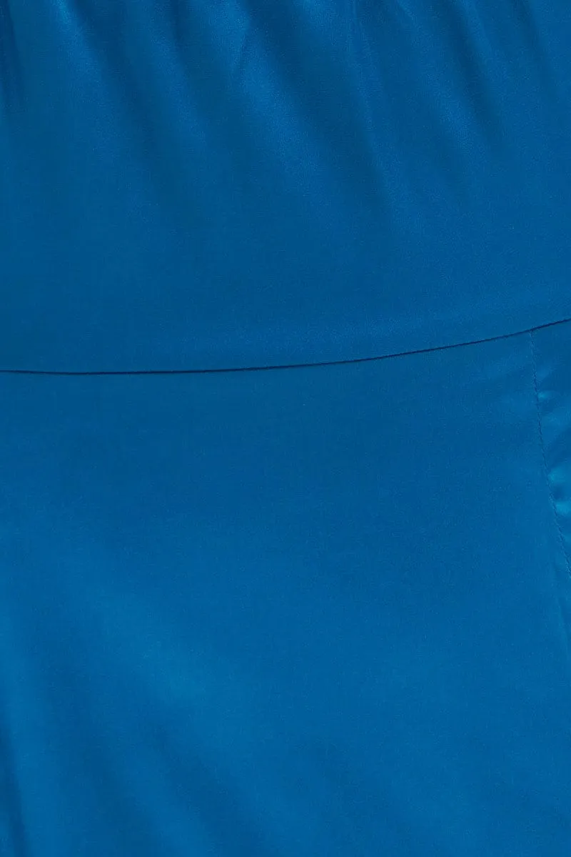 Blue Ruffle Maxi Satin Cowl Neck Dress