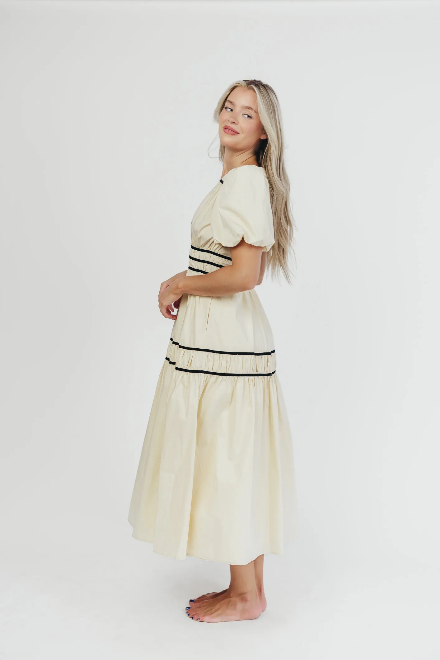 Bradley Puffed Sleeve Tiered Maxi Dress in Cream/Black