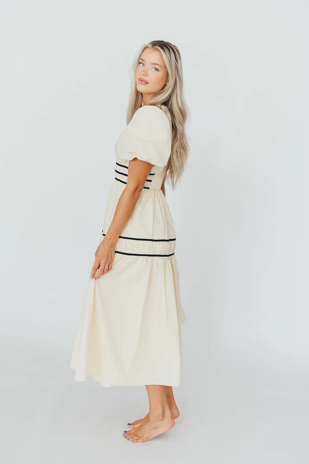 Bradley Puffed Sleeve Tiered Maxi Dress in Cream/Black