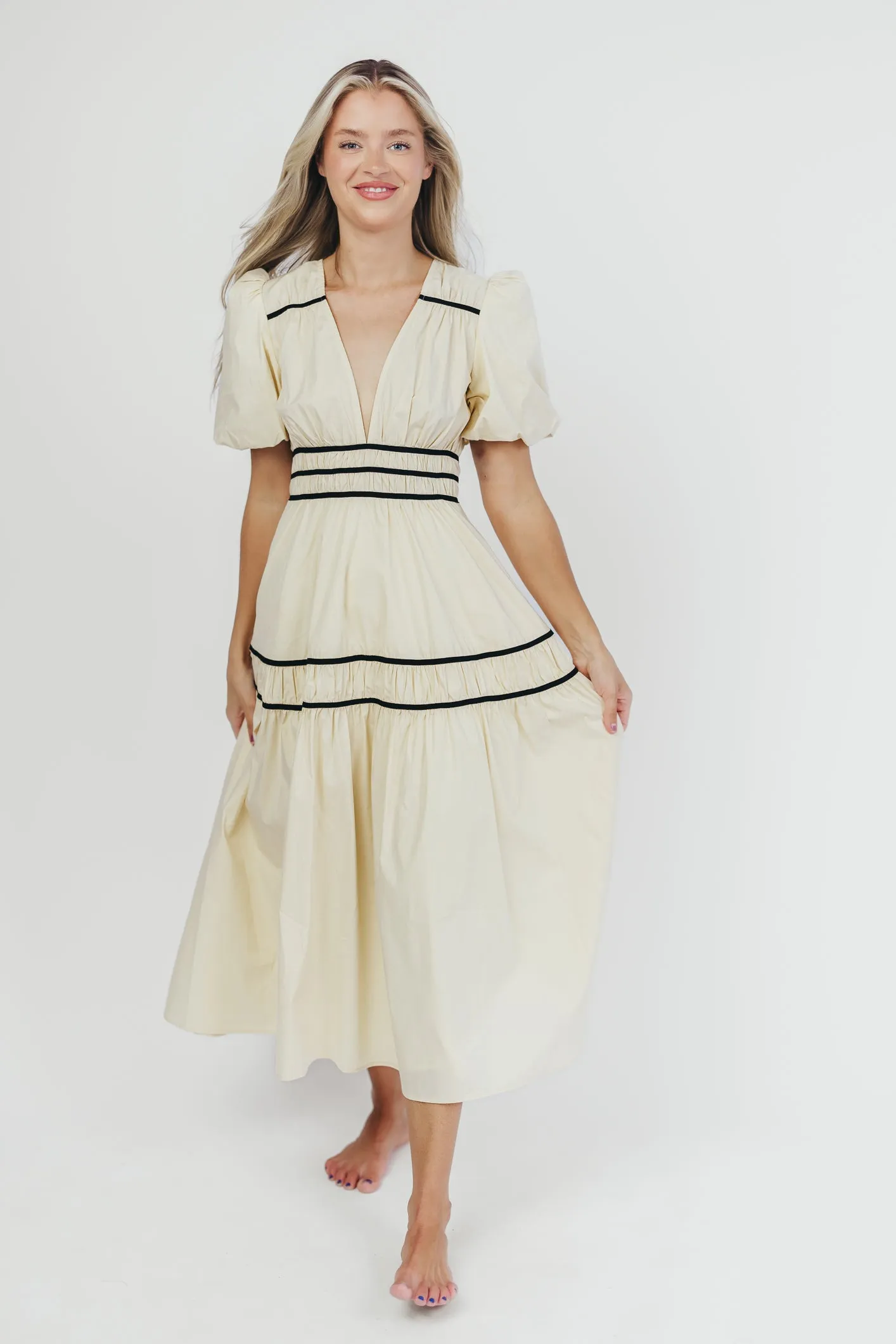 Bradley Puffed Sleeve Tiered Maxi Dress in Cream/Black