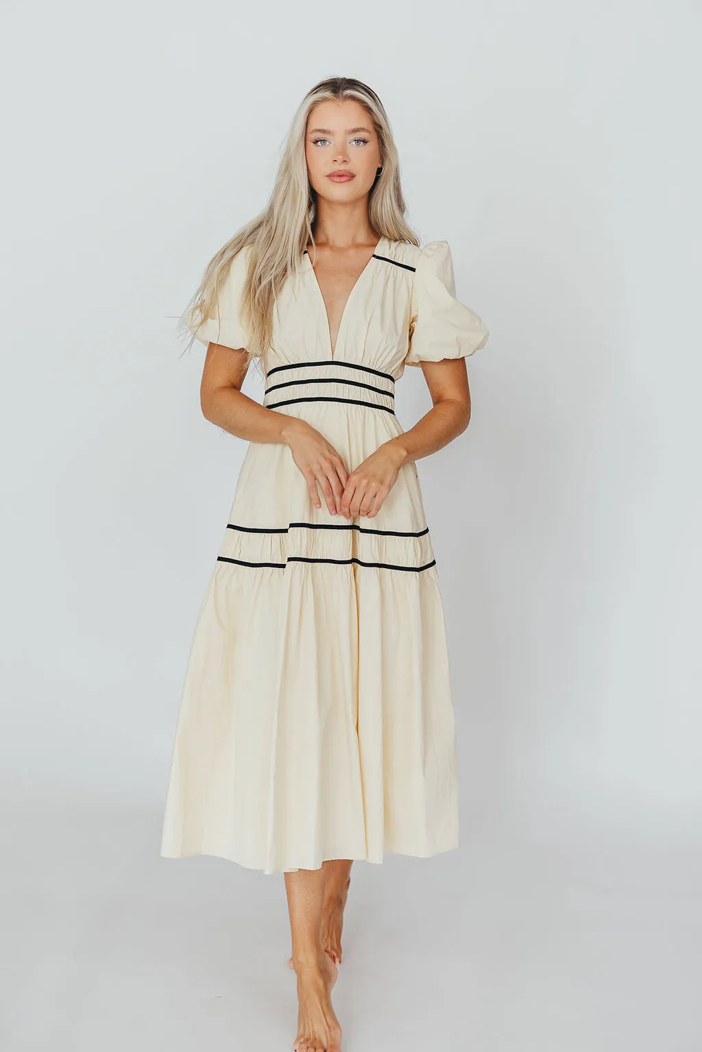 Bradley Puffed Sleeve Tiered Maxi Dress in Cream/Black