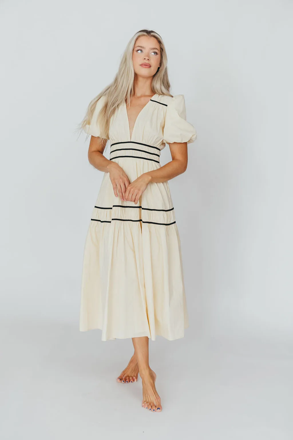 Bradley Puffed Sleeve Tiered Maxi Dress in Cream/Black