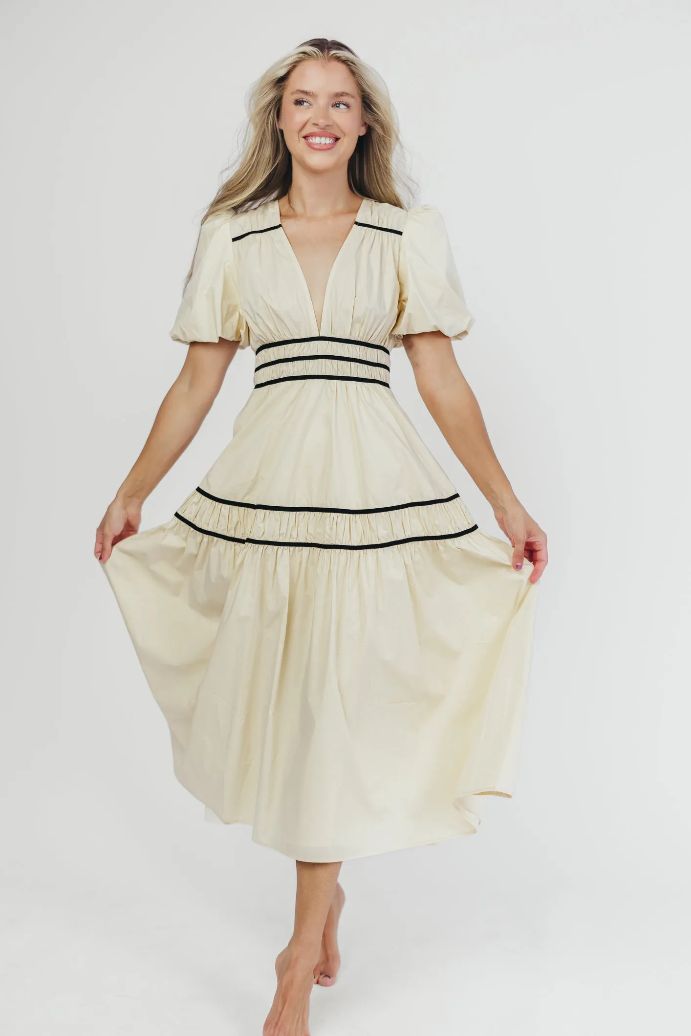Bradley Puffed Sleeve Tiered Maxi Dress in Cream/Black