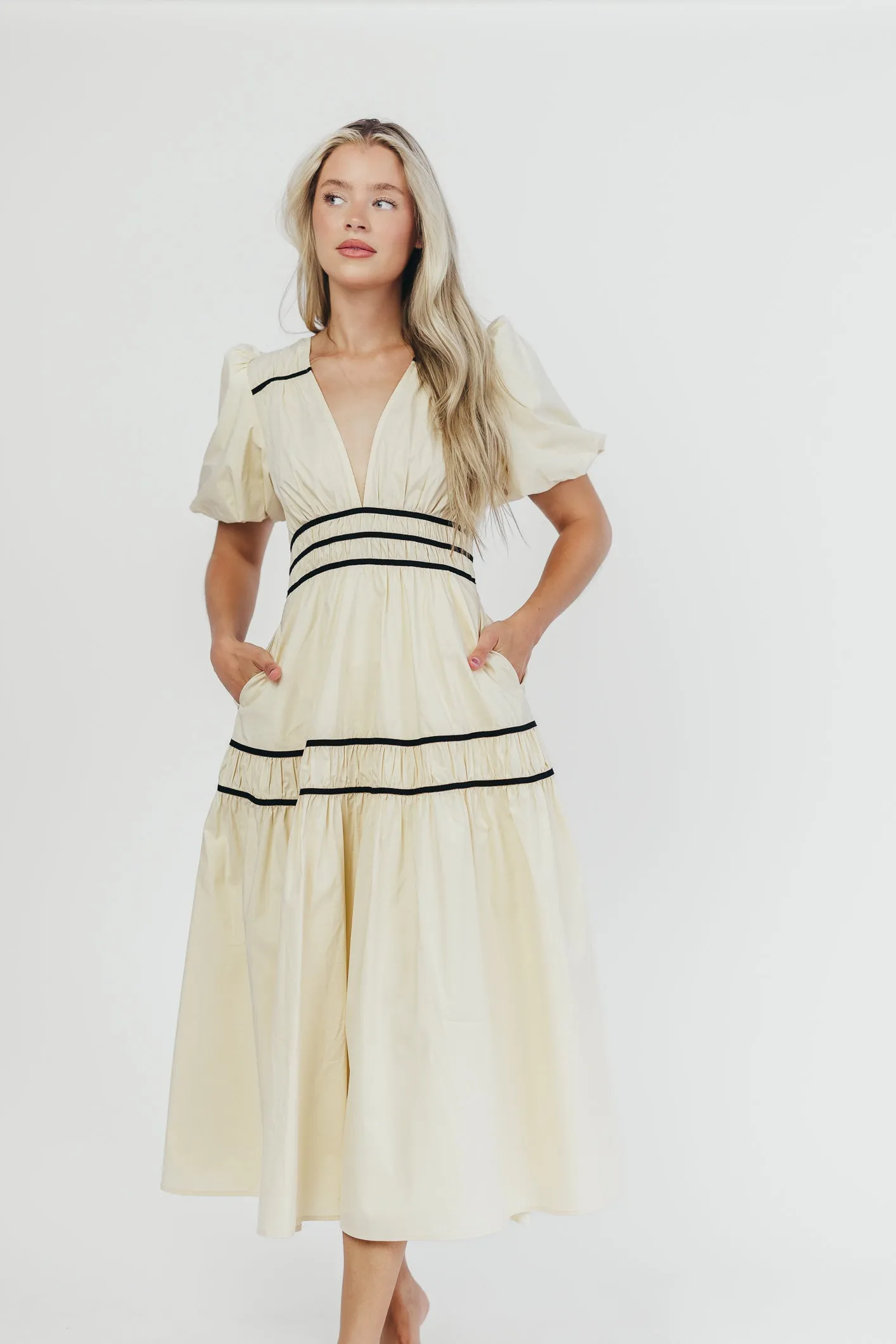 Bradley Puffed Sleeve Tiered Maxi Dress in Cream/Black