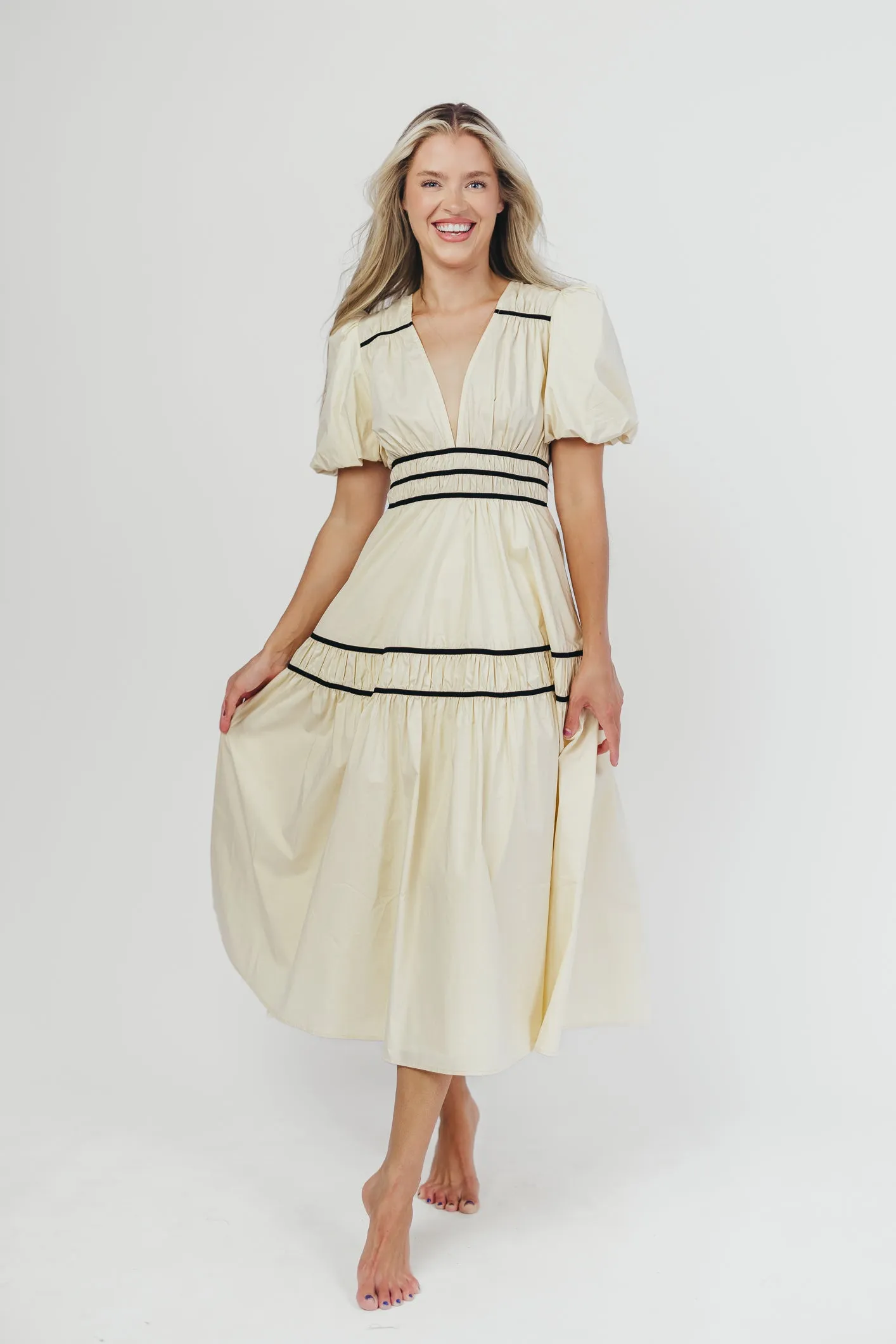 Bradley Puffed Sleeve Tiered Maxi Dress in Cream/Black