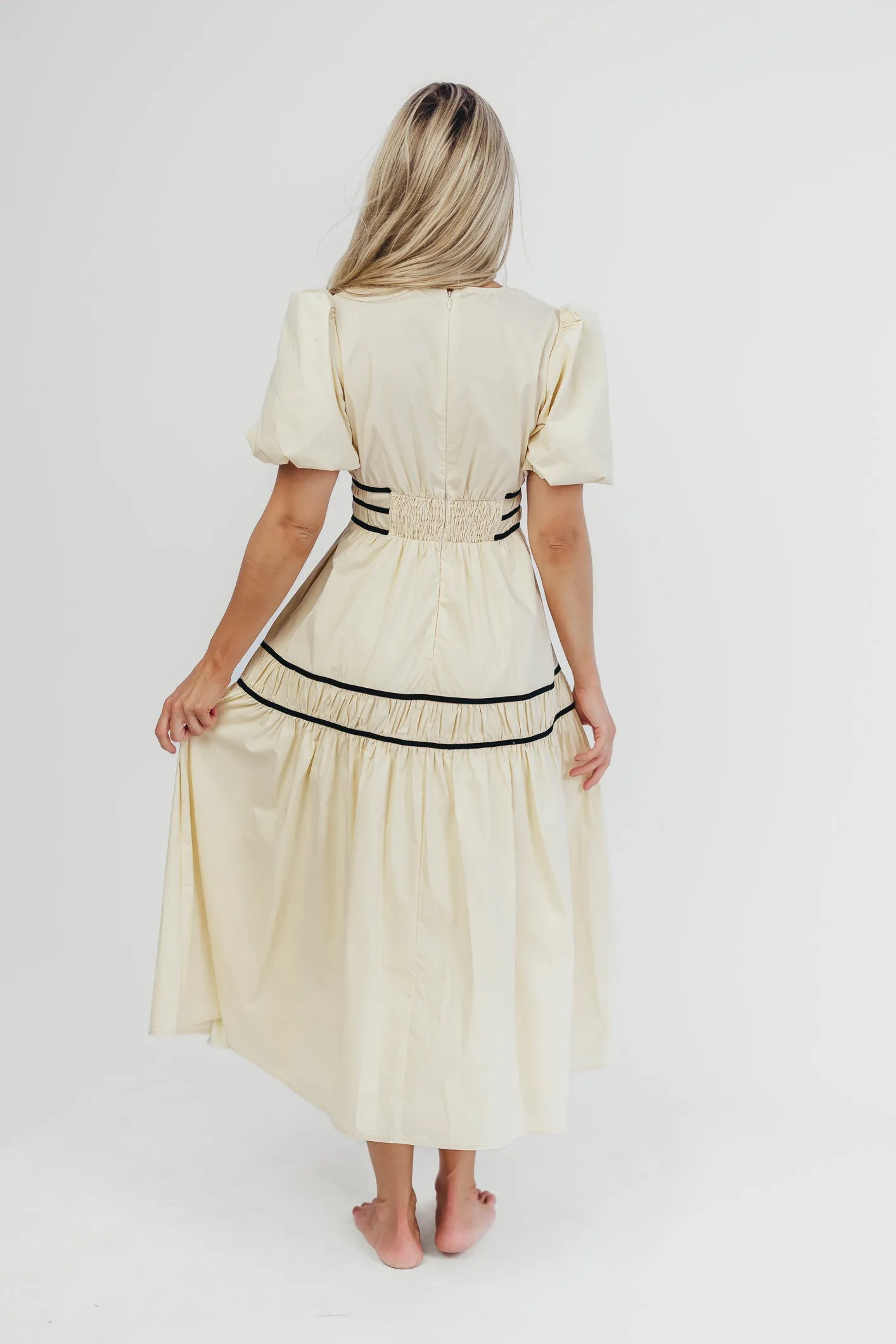 Bradley Puffed Sleeve Tiered Maxi Dress in Cream/Black