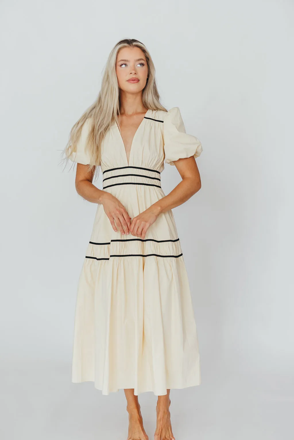 Bradley Puffed Sleeve Tiered Maxi Dress in Cream/Black