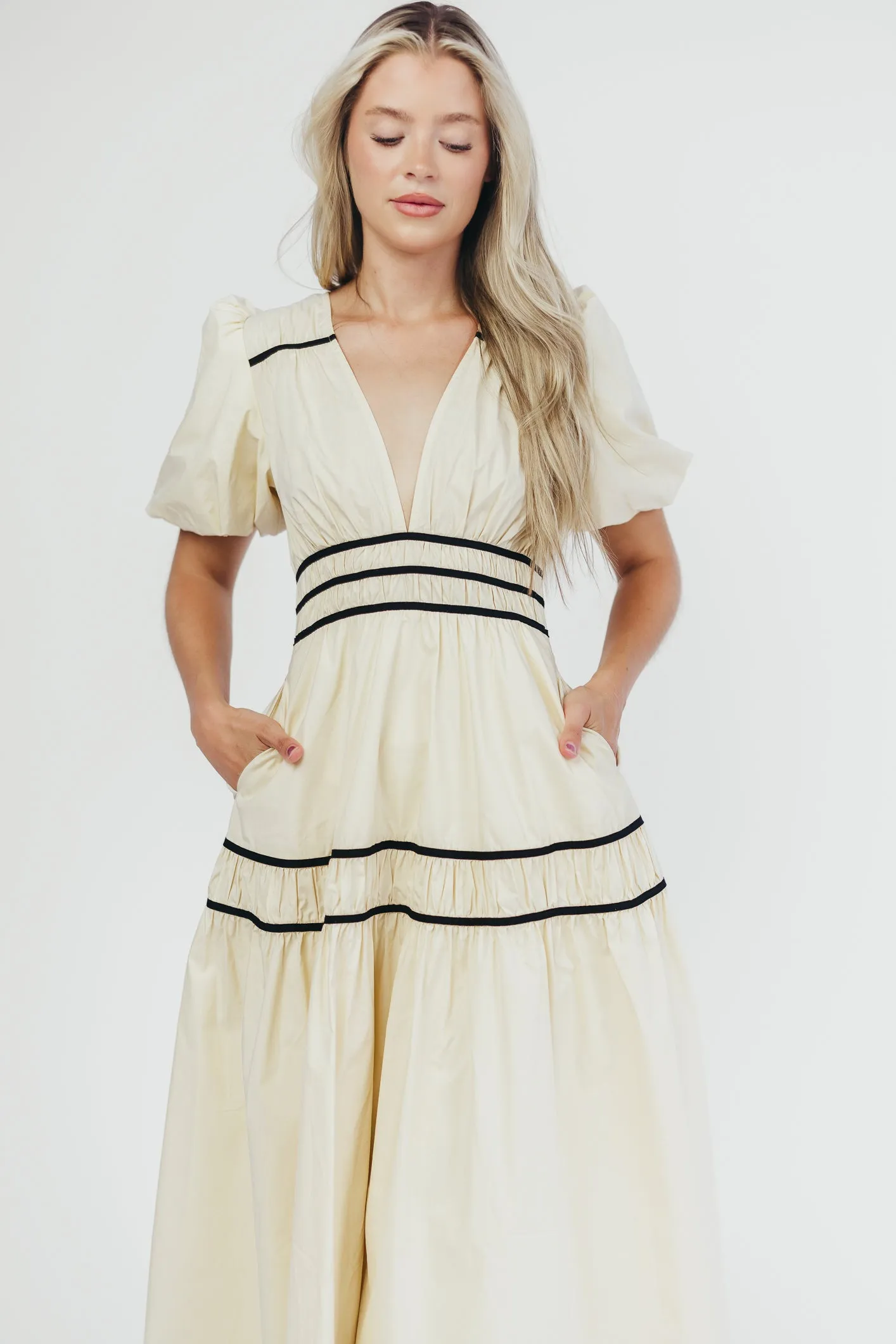 Bradley Puffed Sleeve Tiered Maxi Dress in Cream/Black