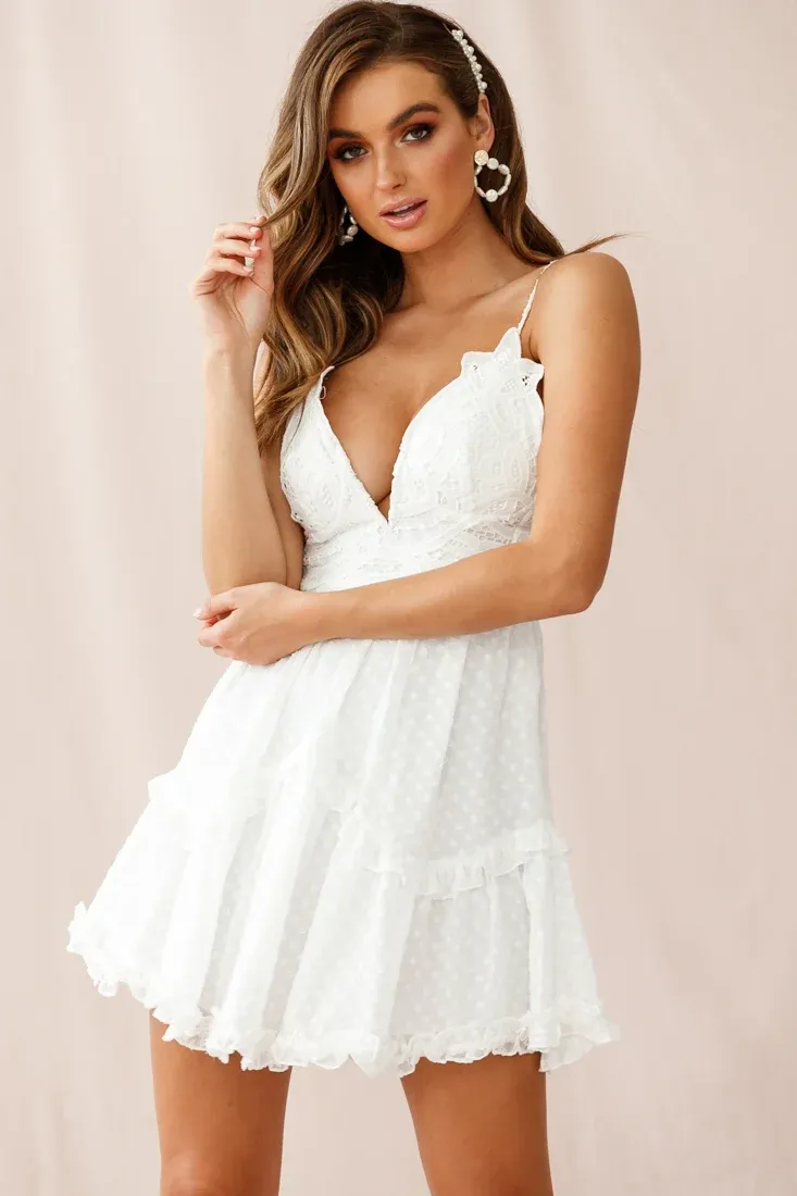 Briella Deep V-Neckline Crochet Detail Bust Dress White