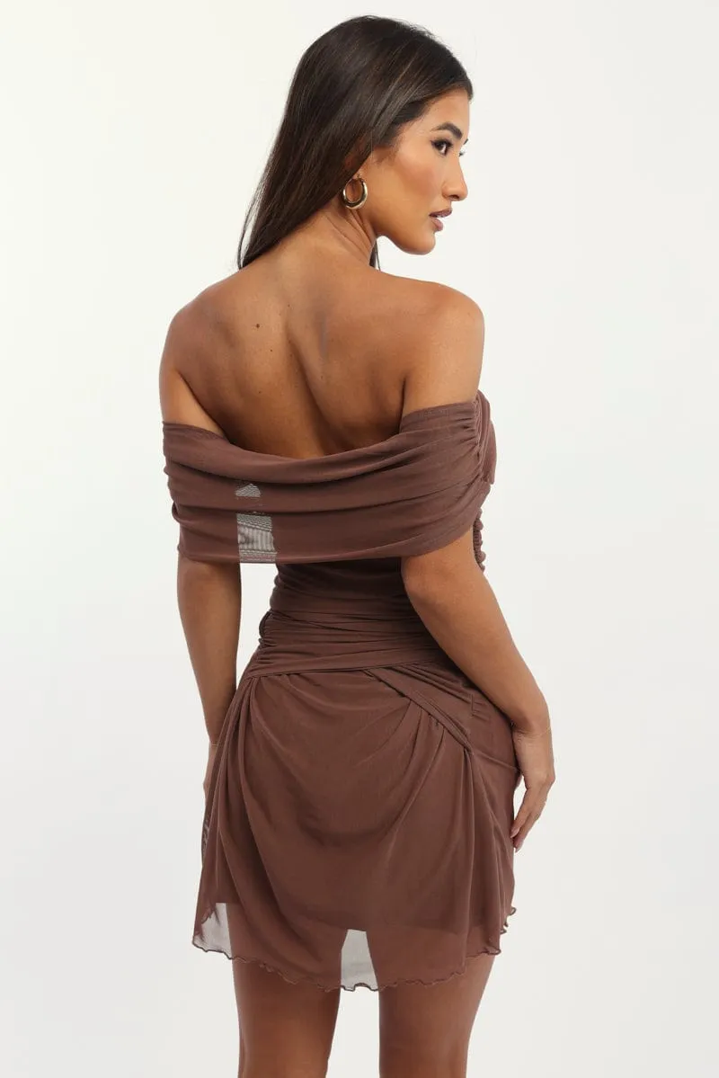 Brown Bodycon Dress Off Shoulder Mini