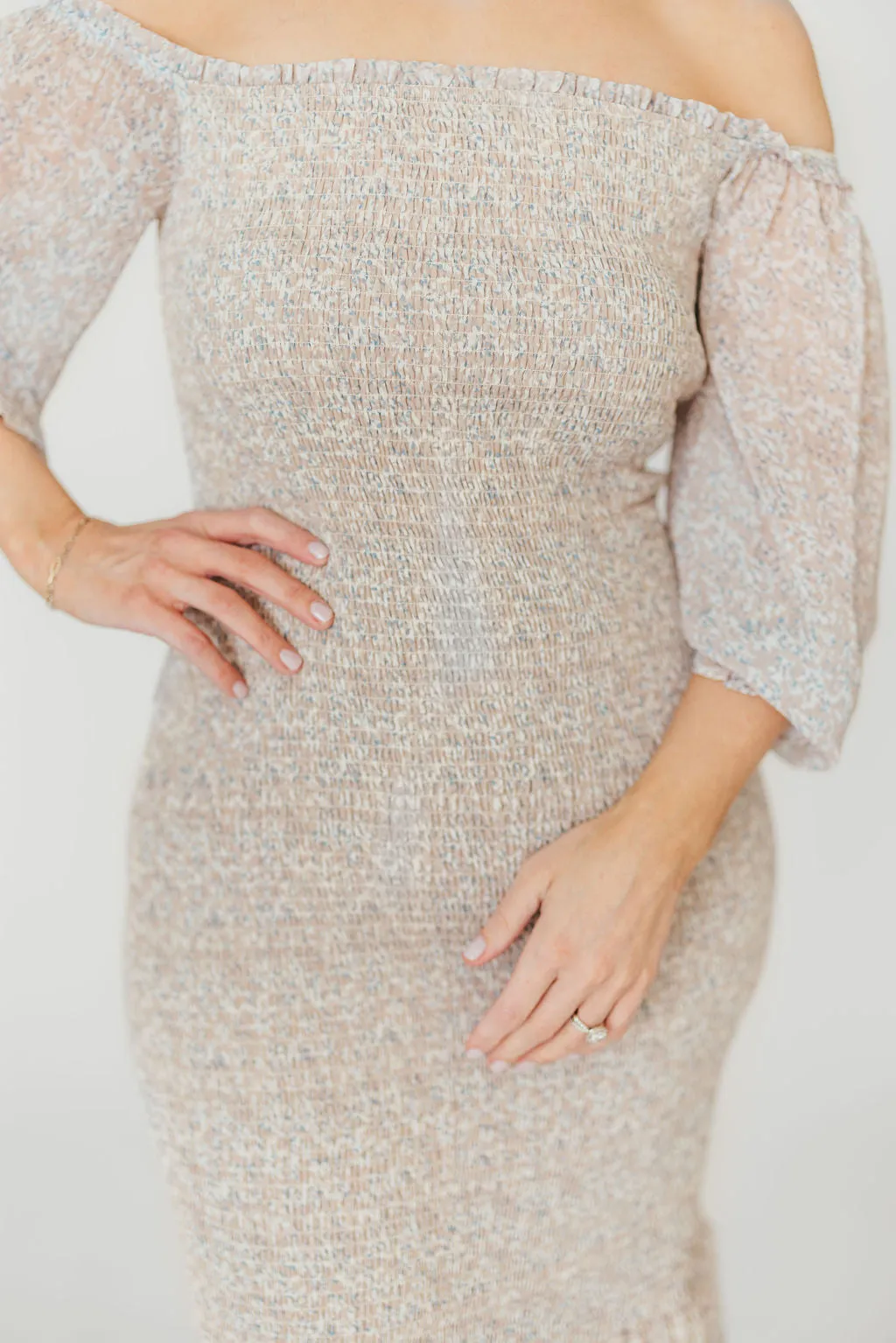 Cameron Stretchy Midi Dress with Ruffles in Beige/Blue