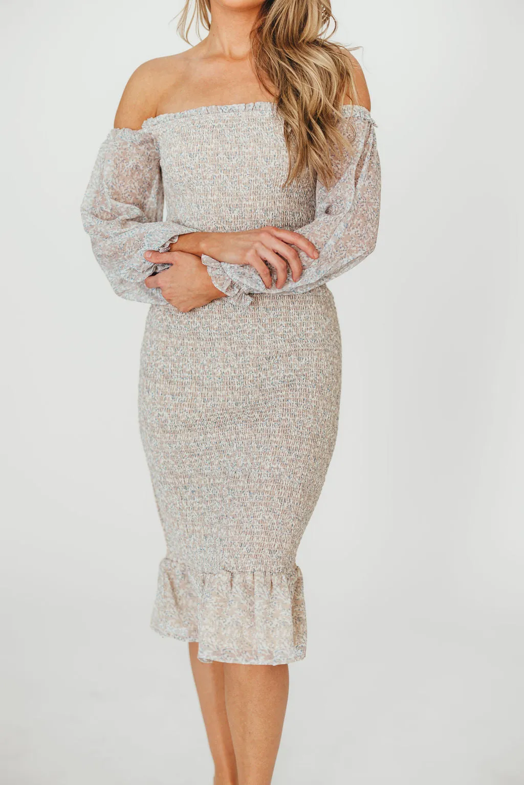 Cameron Stretchy Midi Dress with Ruffles in Beige/Blue