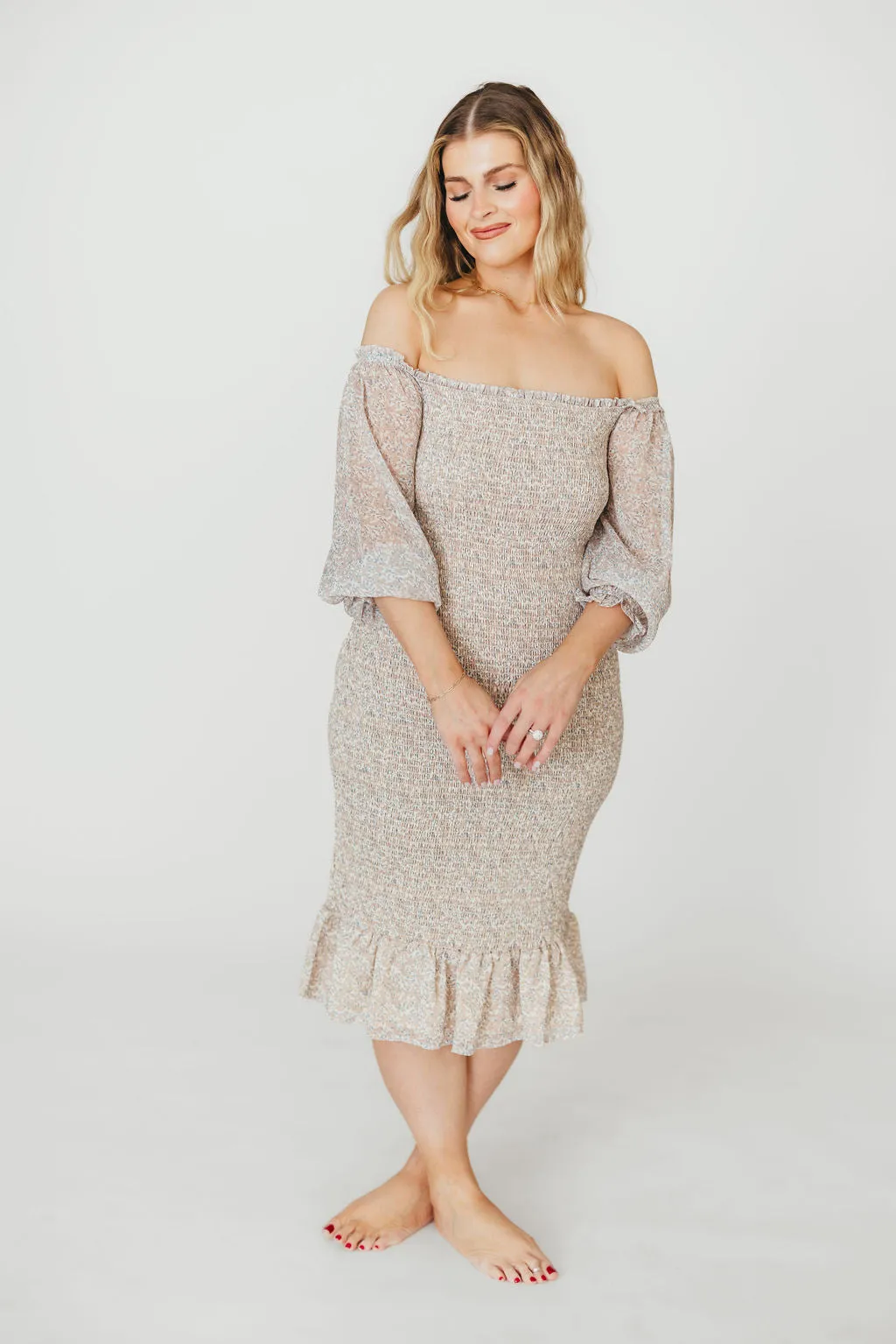 Cameron Stretchy Midi Dress with Ruffles in Beige/Blue