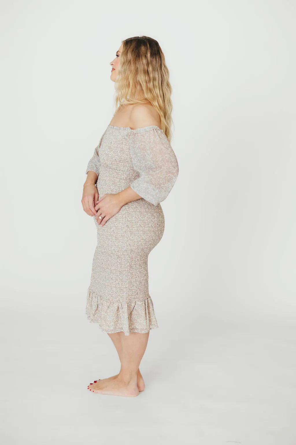 Cameron Stretchy Midi Dress with Ruffles in Beige/Blue