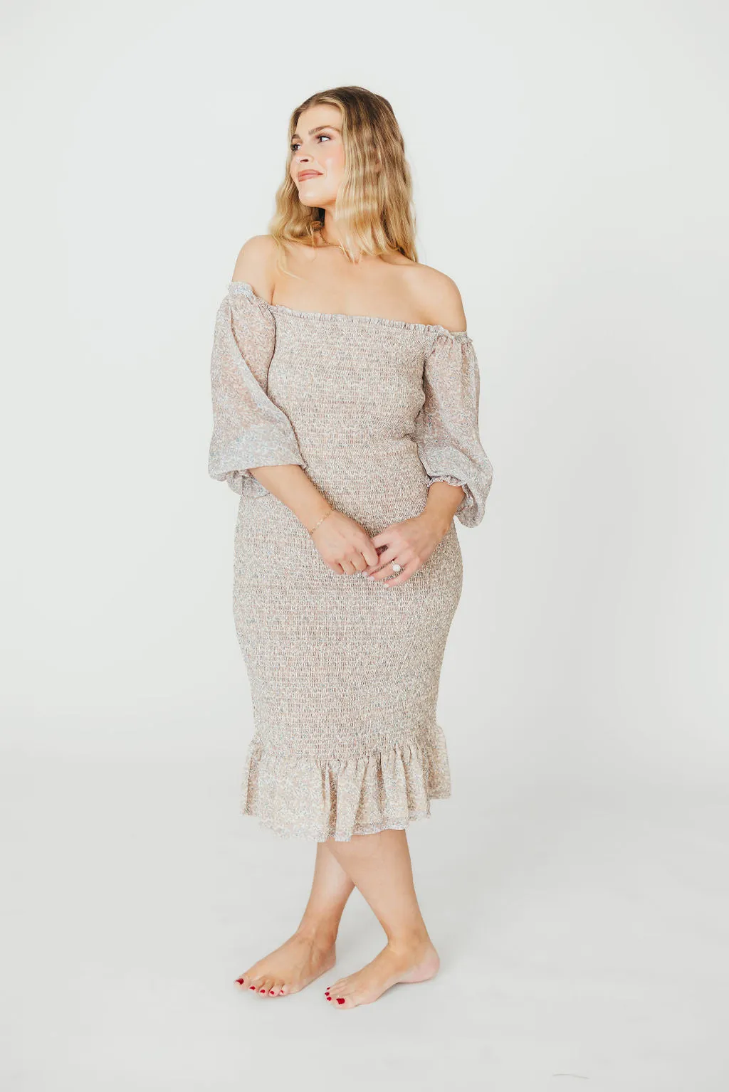 Cameron Stretchy Midi Dress with Ruffles in Beige/Blue
