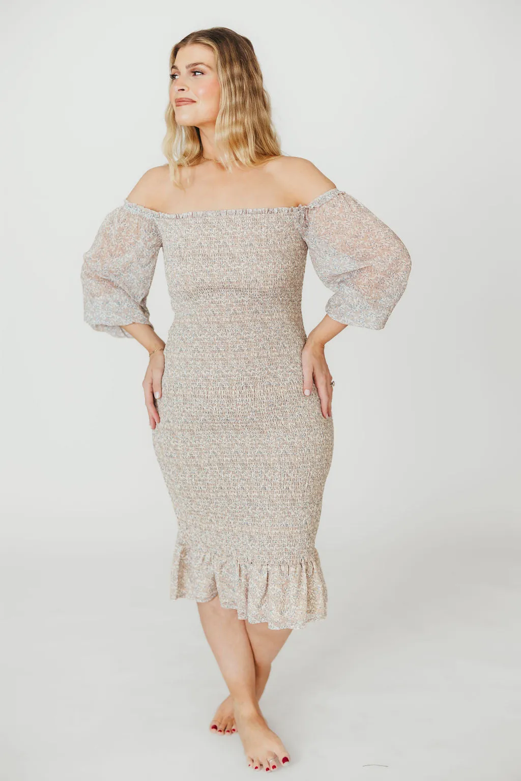 Cameron Stretchy Midi Dress with Ruffles in Beige/Blue