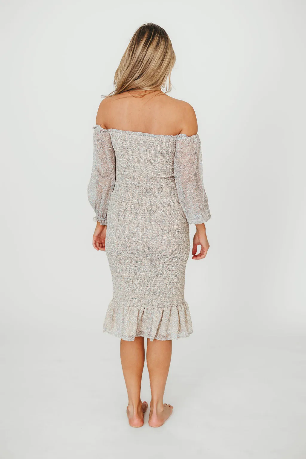 Cameron Stretchy Midi Dress with Ruffles in Beige/Blue