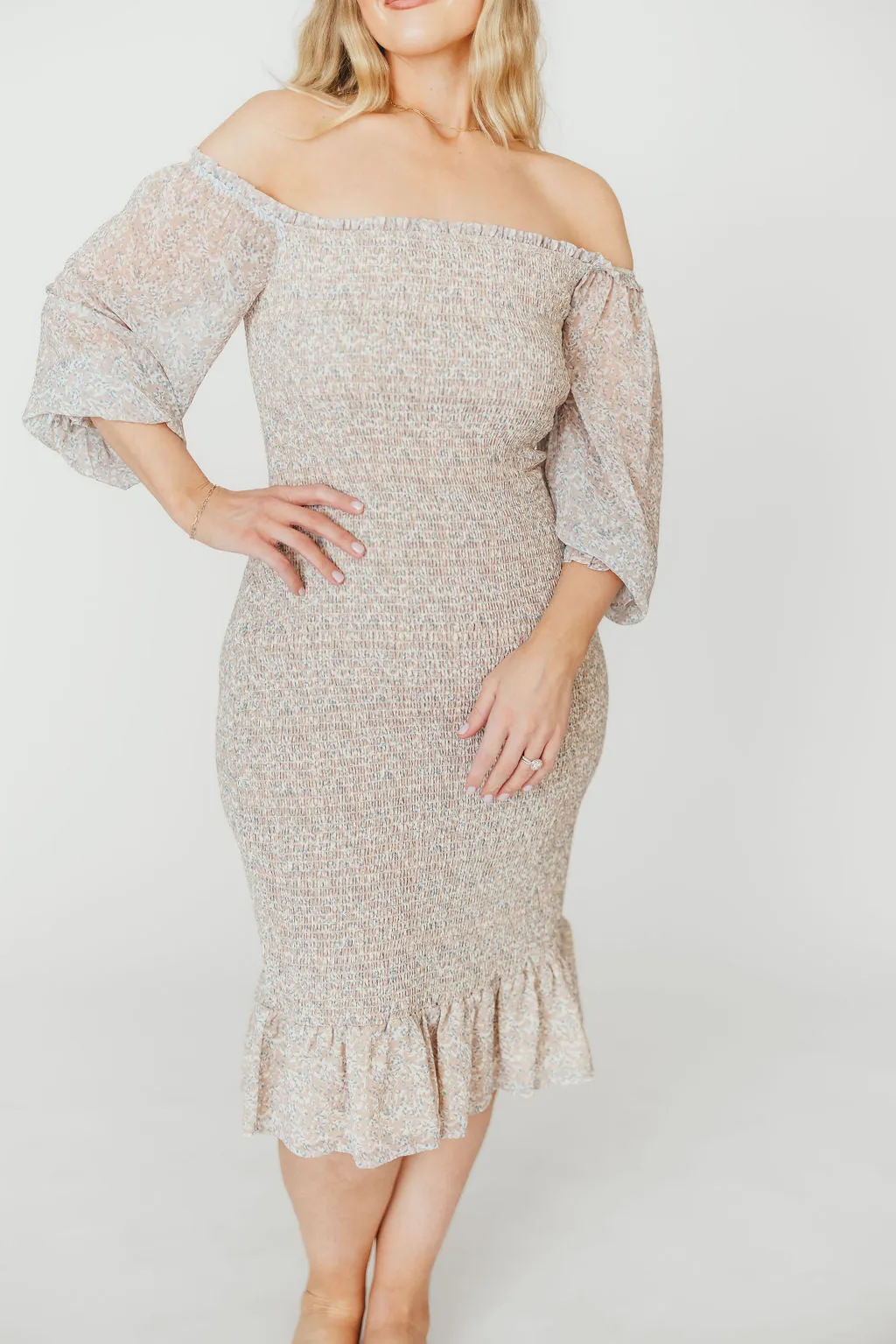 Cameron Stretchy Midi Dress with Ruffles in Beige/Blue
