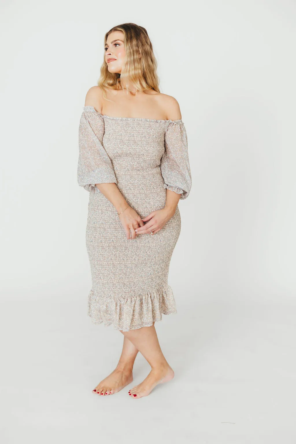 Cameron Stretchy Midi Dress with Ruffles in Beige/Blue