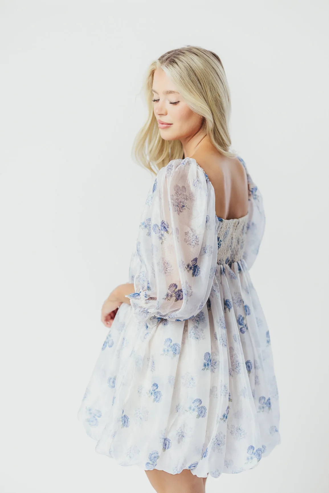 Chase Bubble Hem Mini Dress in White/Periwinkle