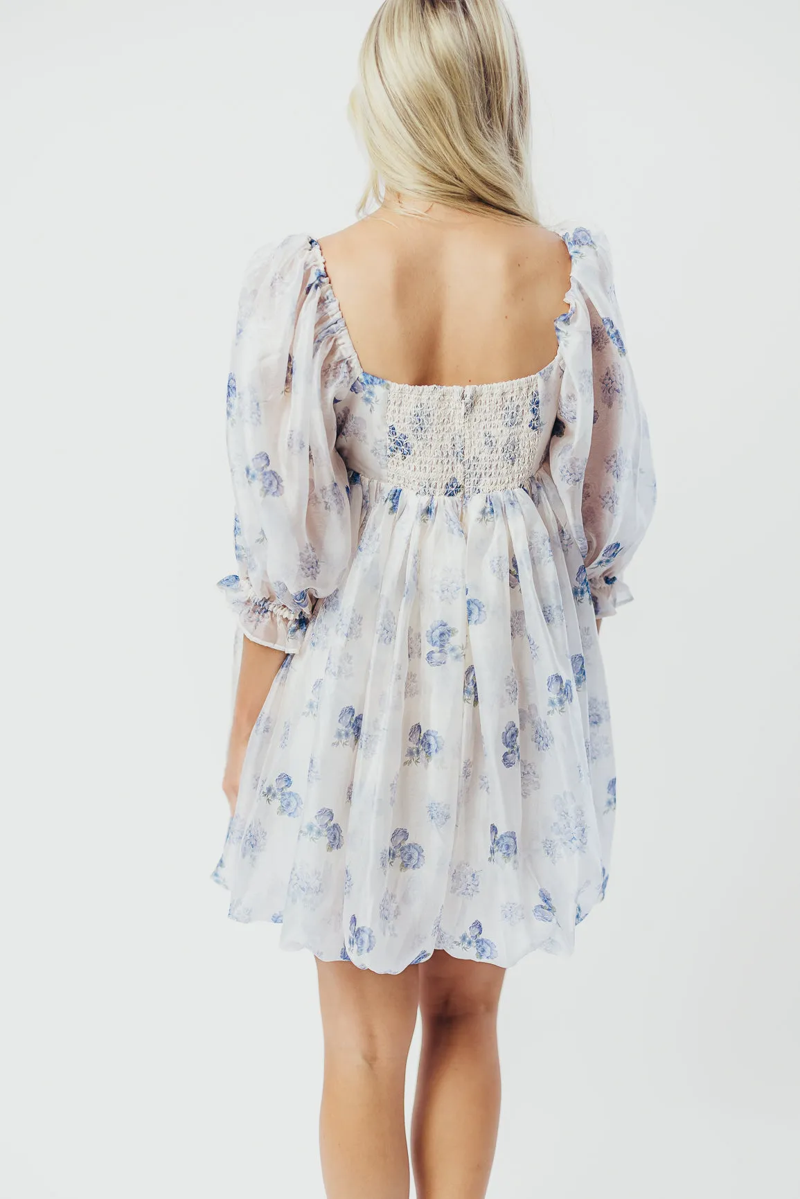 Chase Bubble Hem Mini Dress in White/Periwinkle