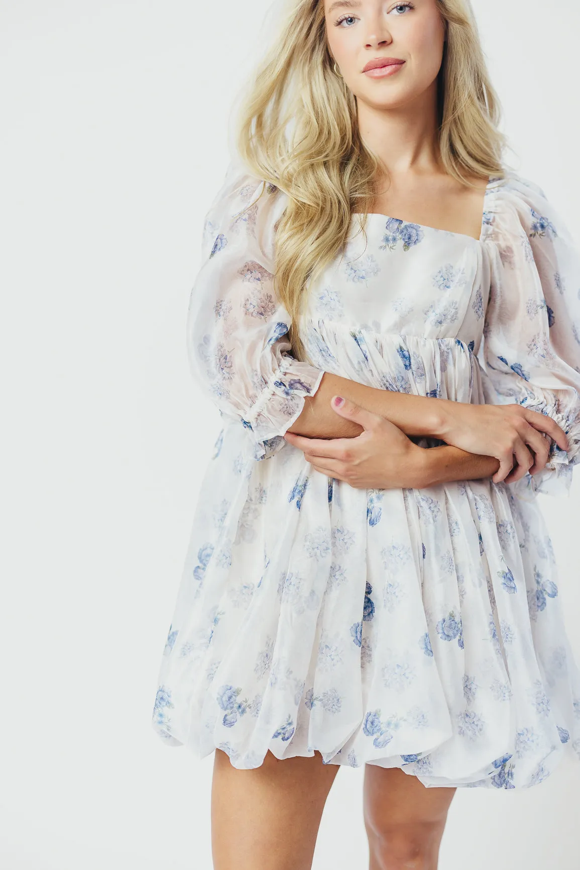 Chase Bubble Hem Mini Dress in White/Periwinkle