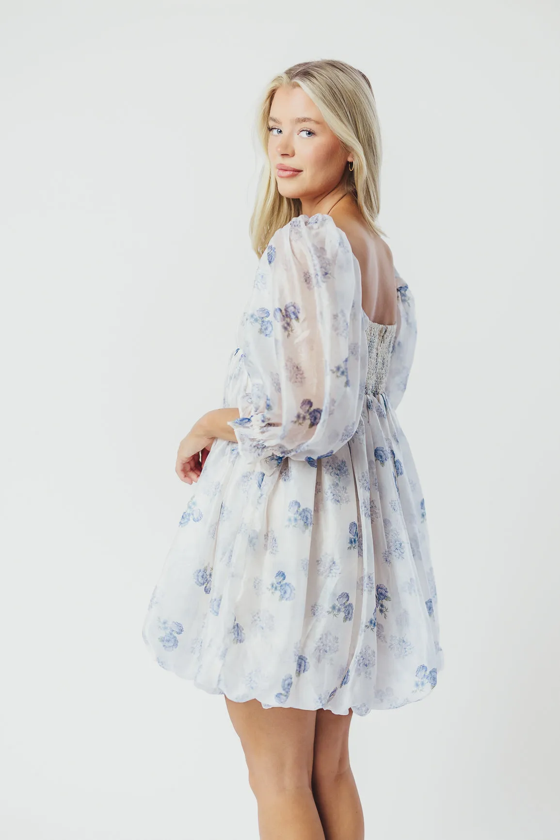 Chase Bubble Hem Mini Dress in White/Periwinkle