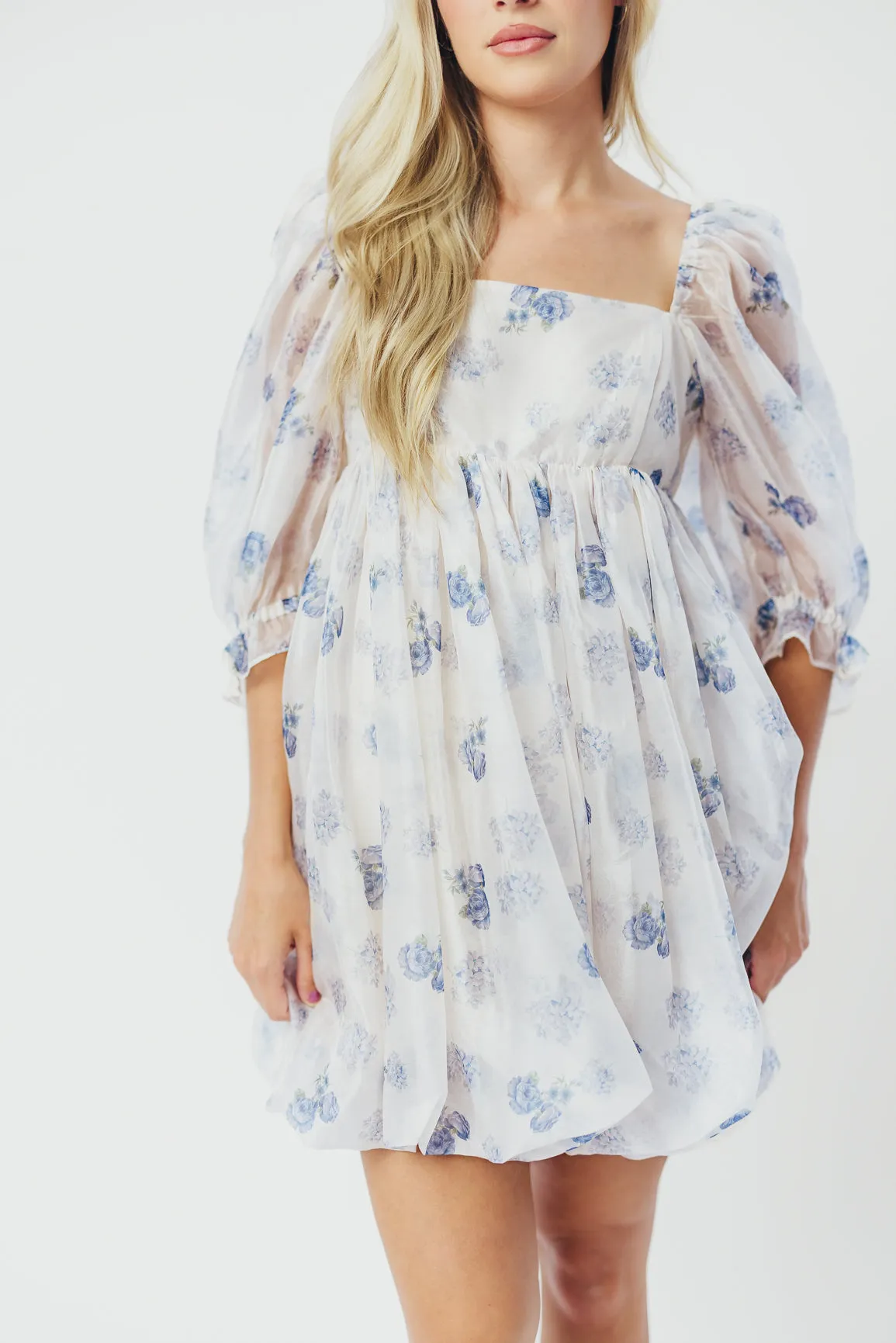 Chase Bubble Hem Mini Dress in White/Periwinkle