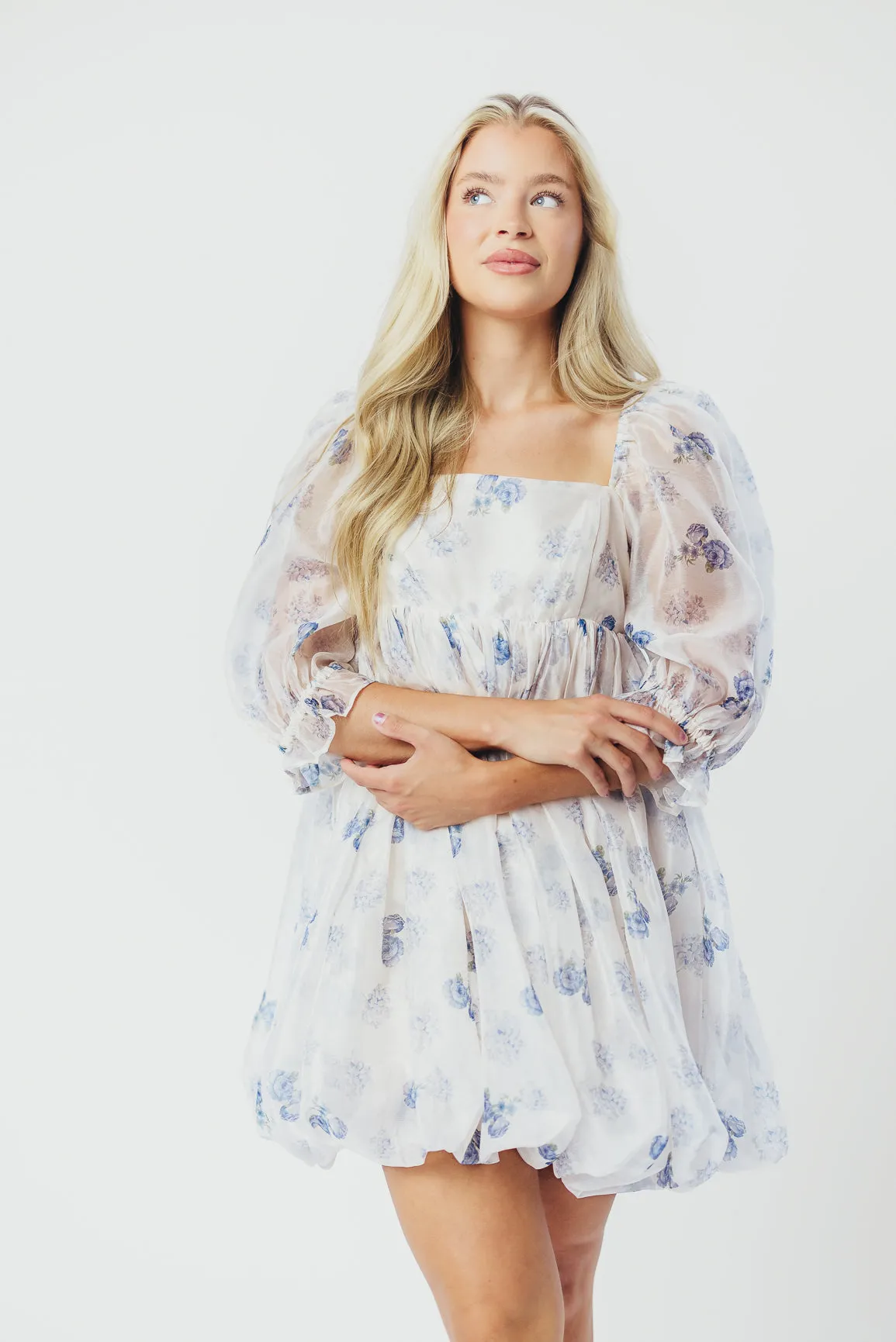 Chase Bubble Hem Mini Dress in White/Periwinkle