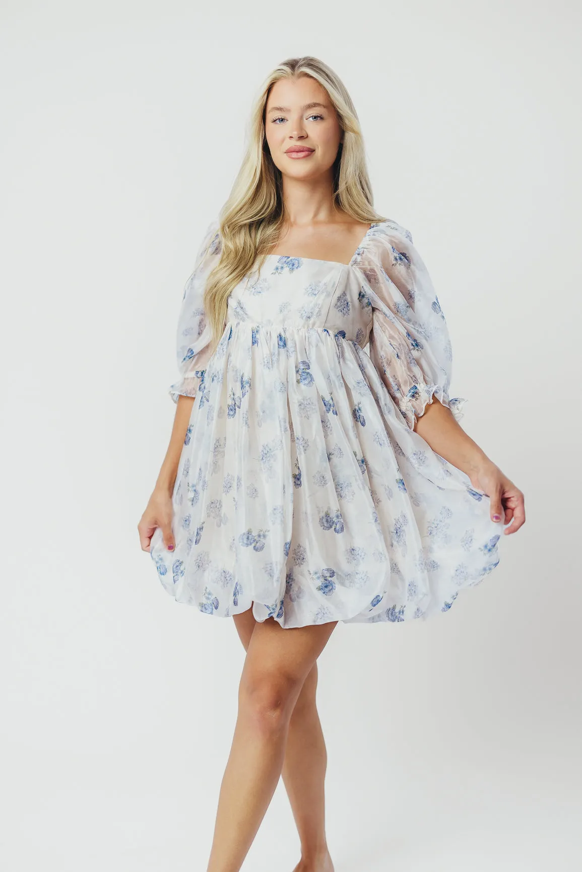 Chase Bubble Hem Mini Dress in White/Periwinkle