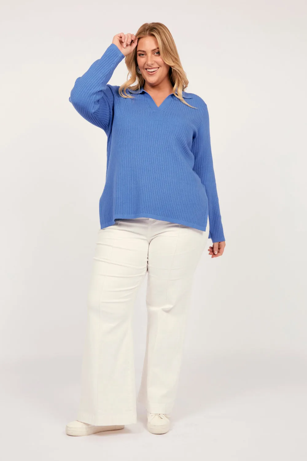 Collared Knitted Top in Blue