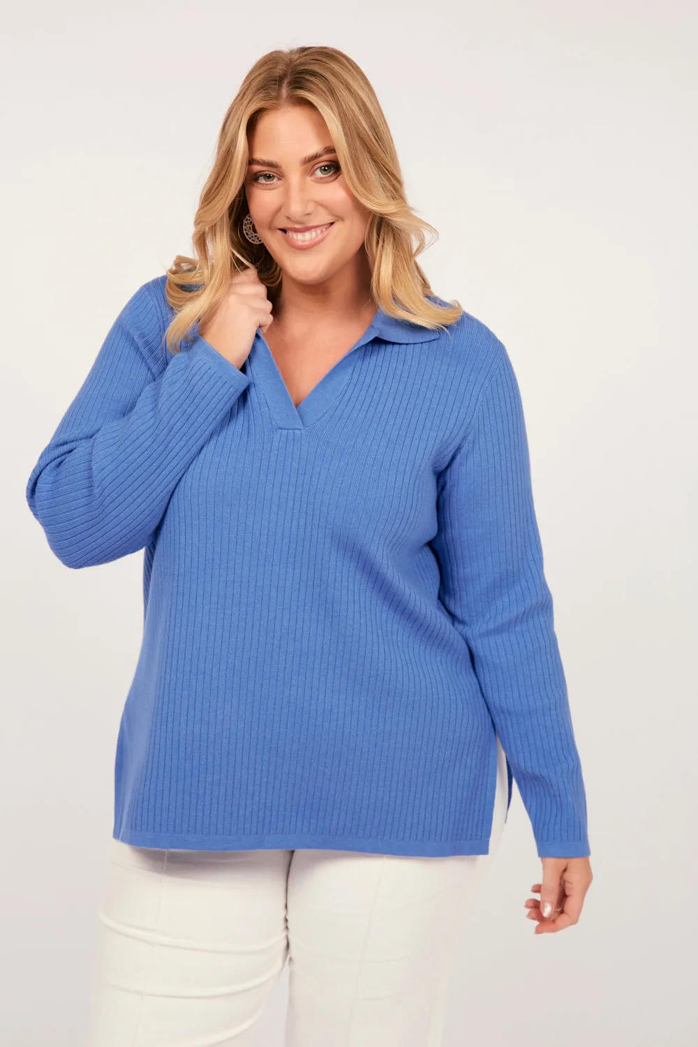Collared Knitted Top in Blue