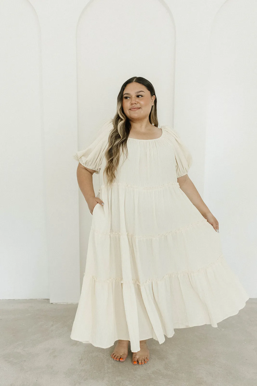 Eva Puffed Sleeve Maxi Dress in Cream - Bump Friendly & Inclusive Sizing (S-3XL)