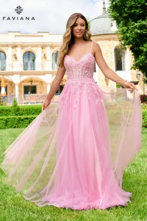 Faviana 11230 Long Formal A Line Corset Floral Applique Prom Dress