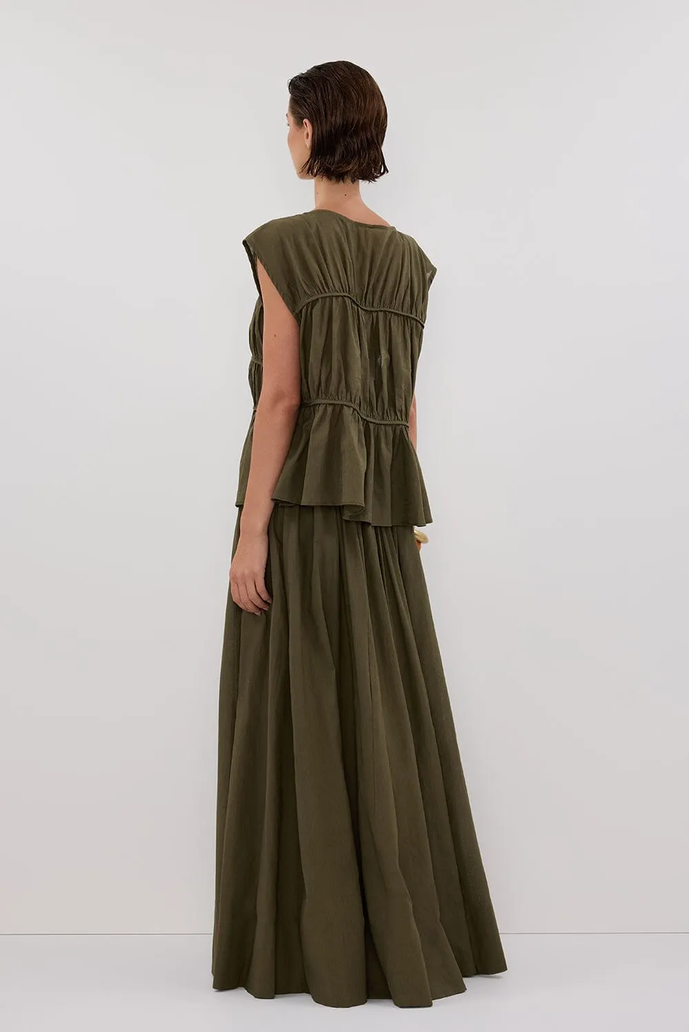 FLYNN OLIVE LINEN BLEND TIERED TOP