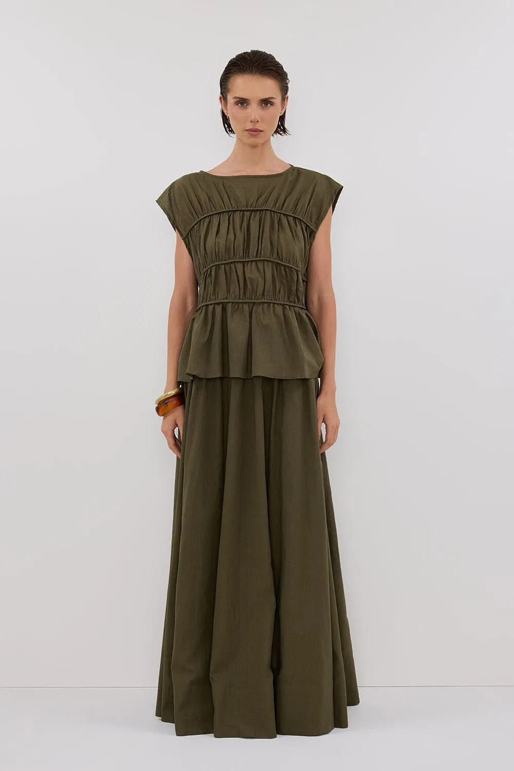 FLYNN OLIVE LINEN BLEND TIERED TOP