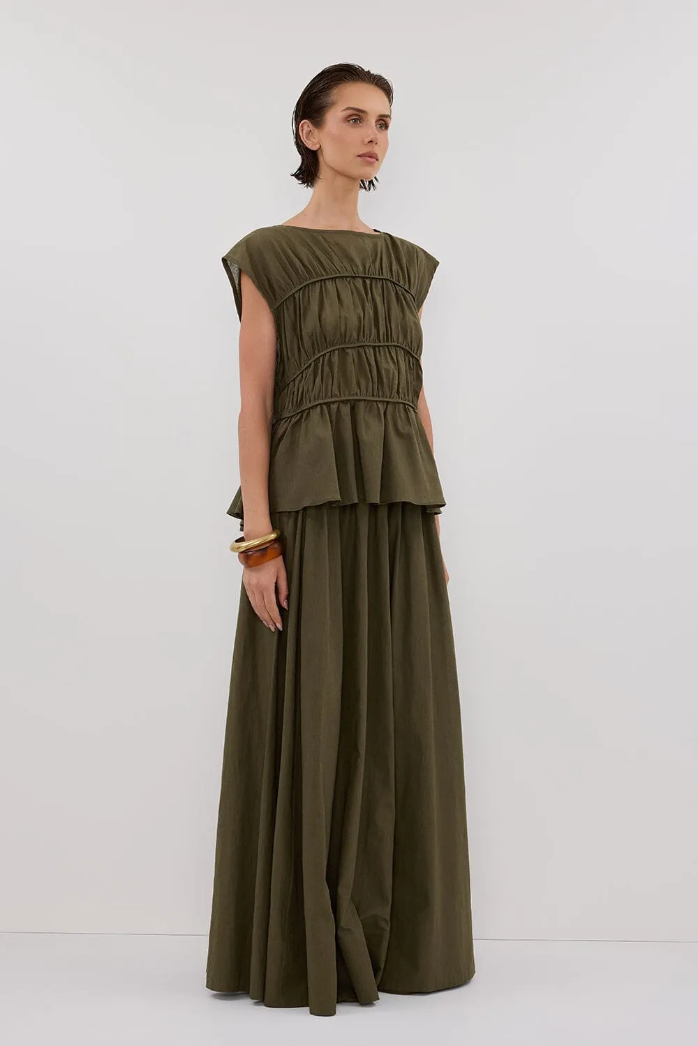 FLYNN OLIVE LINEN BLEND TIERED TOP