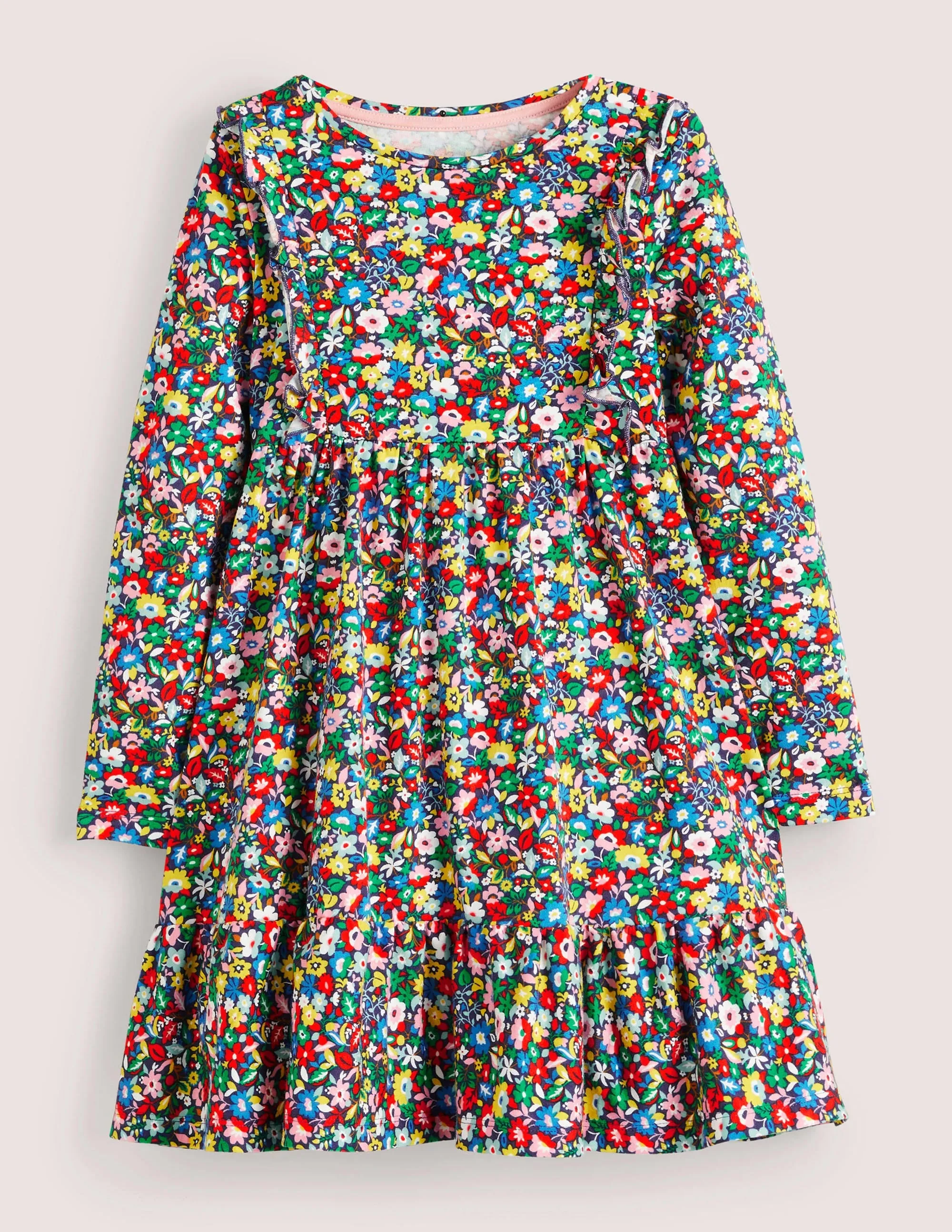 Frill Tiered Jersey Dress-Multi Patchwork Floral