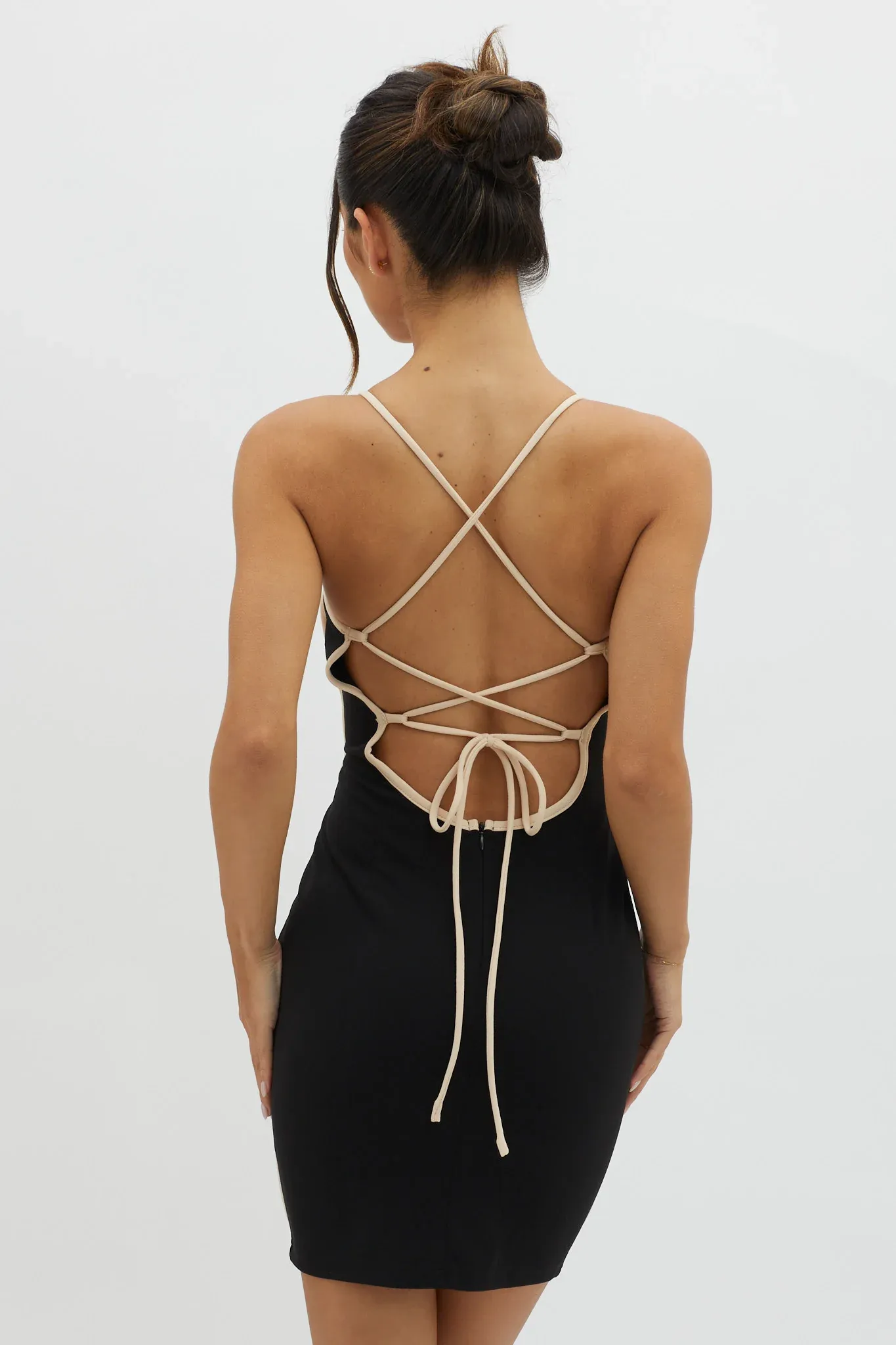 Future Awaits Lace-Up Back Mini Dress Black