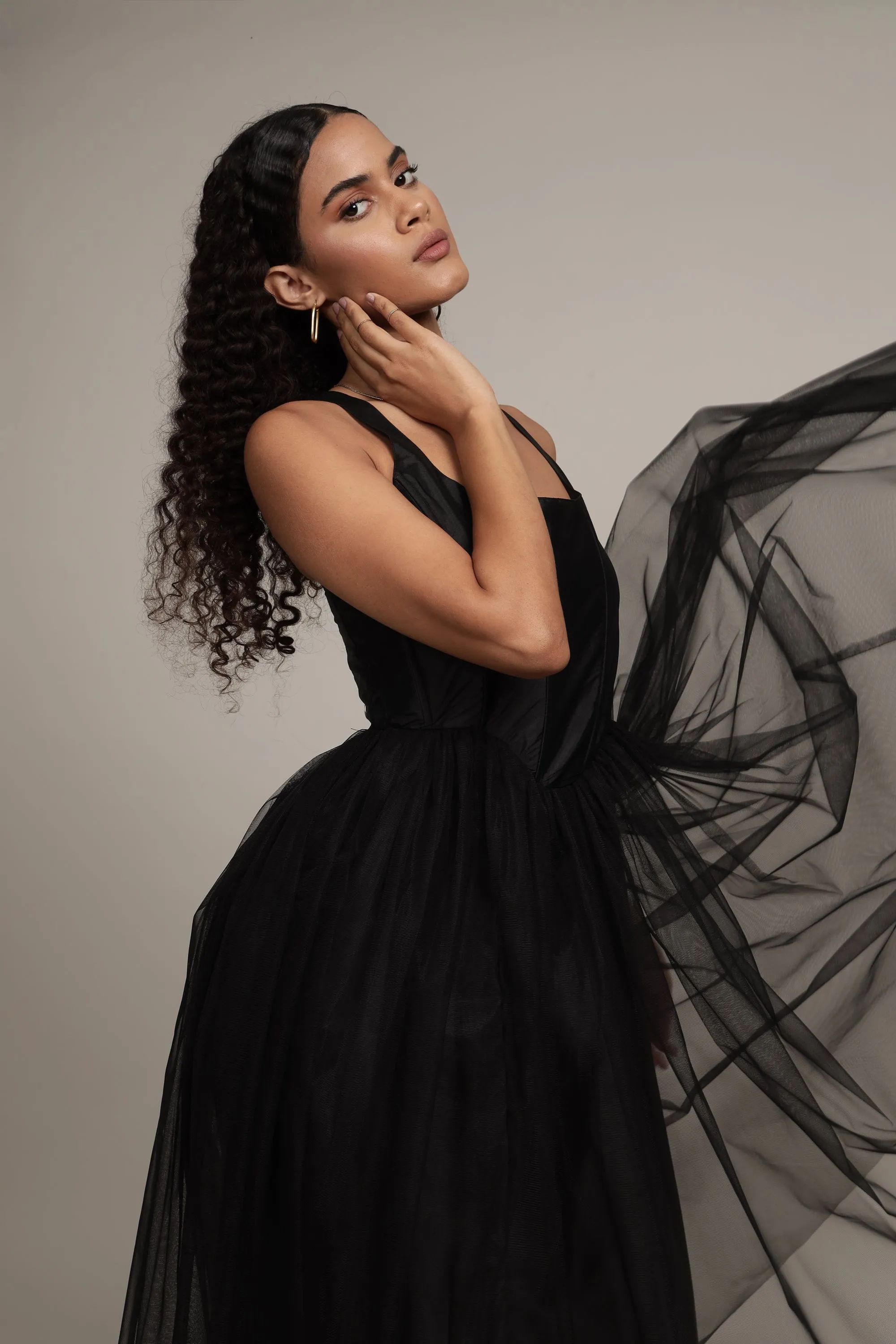 Gaela Mesh Midi Dress in Black
