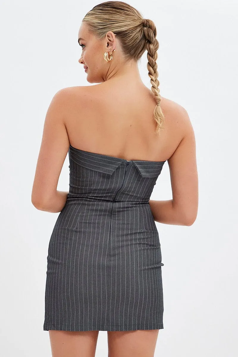 Grey Stripe Bodycon Dress Strapless Boob Tube Mini