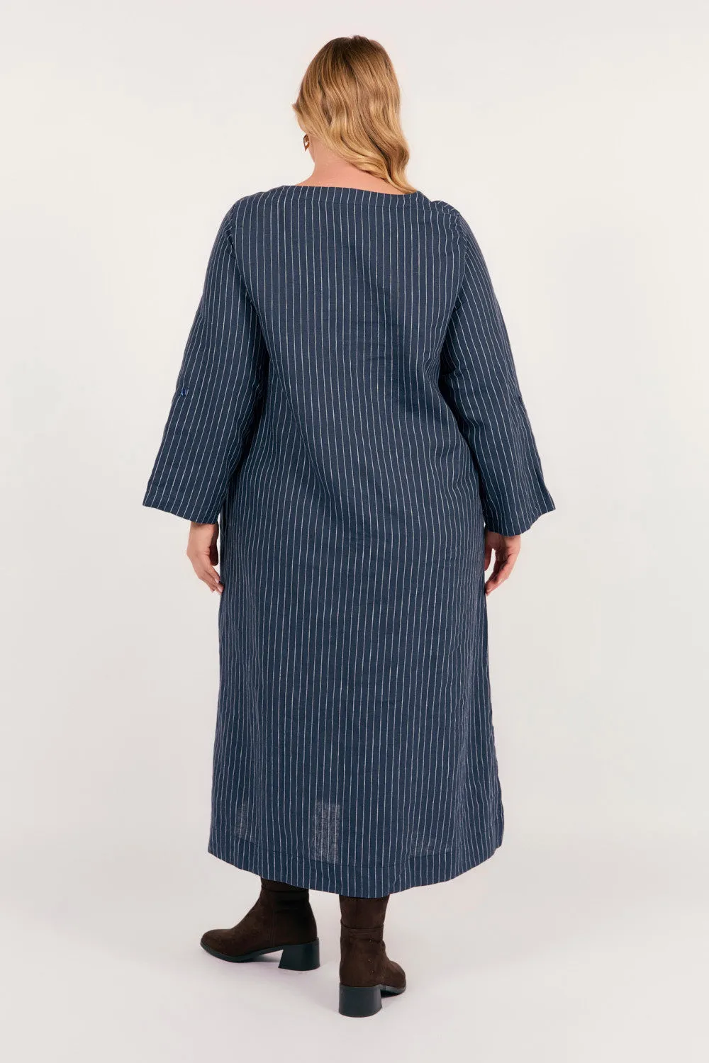 Jarla Linen Midi Dress in Pinstripe
