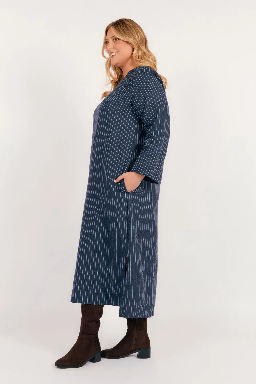 Jarla Linen Midi Dress in Pinstripe