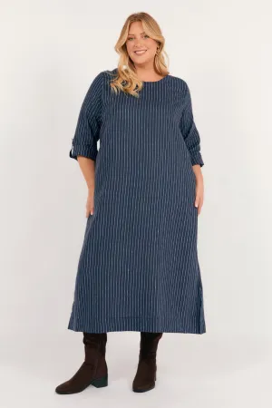 Jarla Linen Midi Dress in Pinstripe