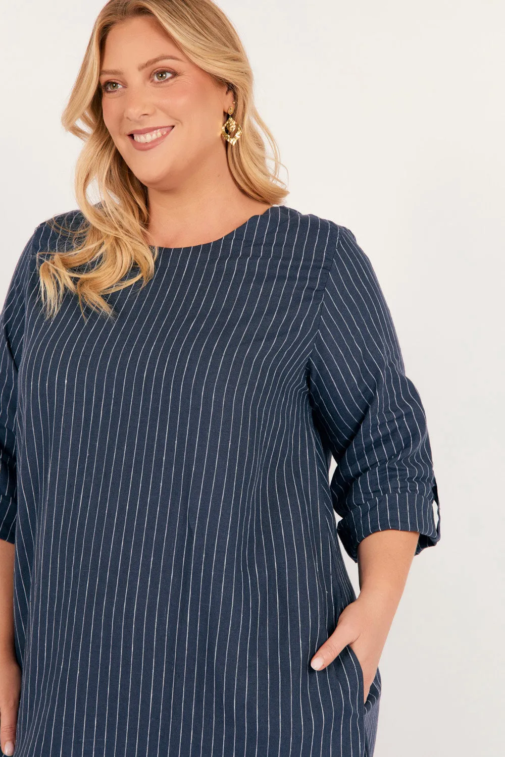Jarla Linen Midi Dress in Pinstripe