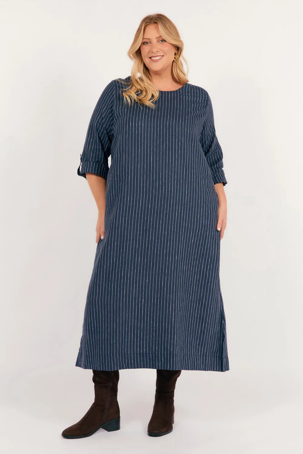 Jarla Linen Midi Dress in Pinstripe