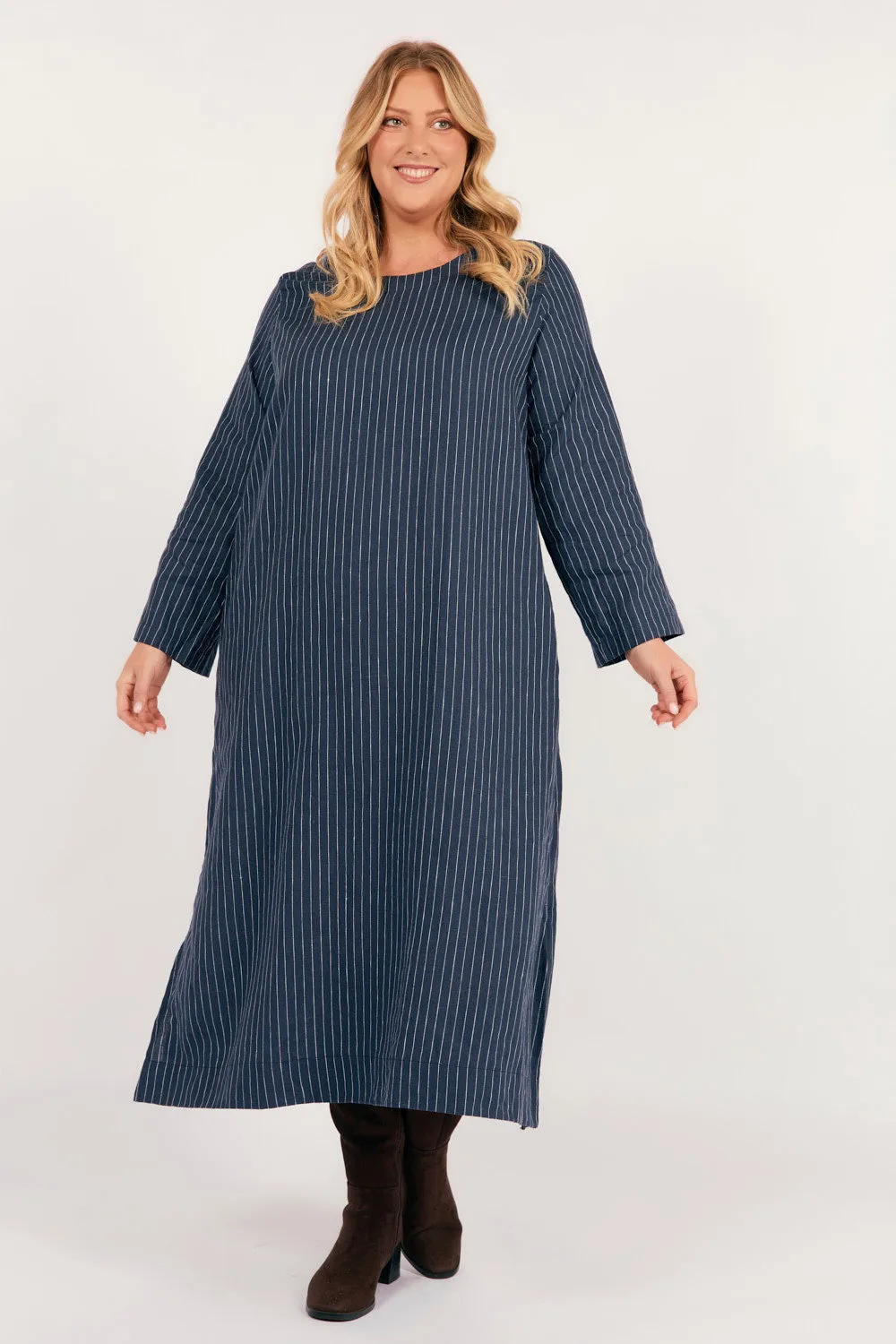 Jarla Linen Midi Dress in Pinstripe