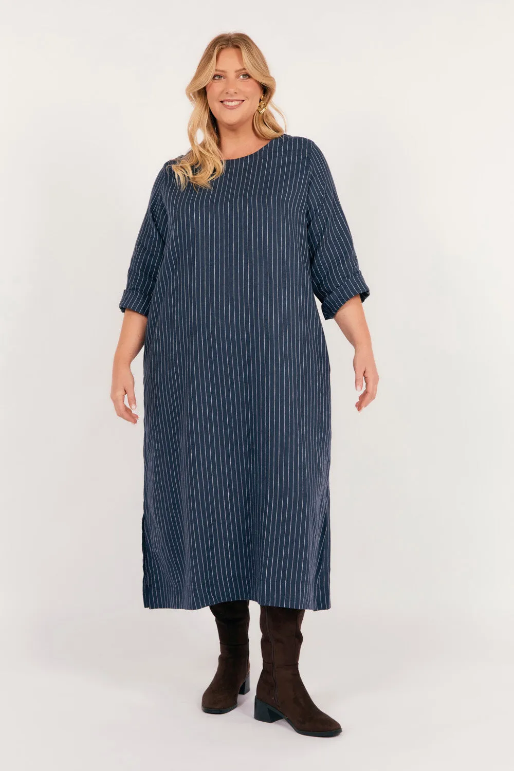 Jarla Linen Midi Dress in Pinstripe