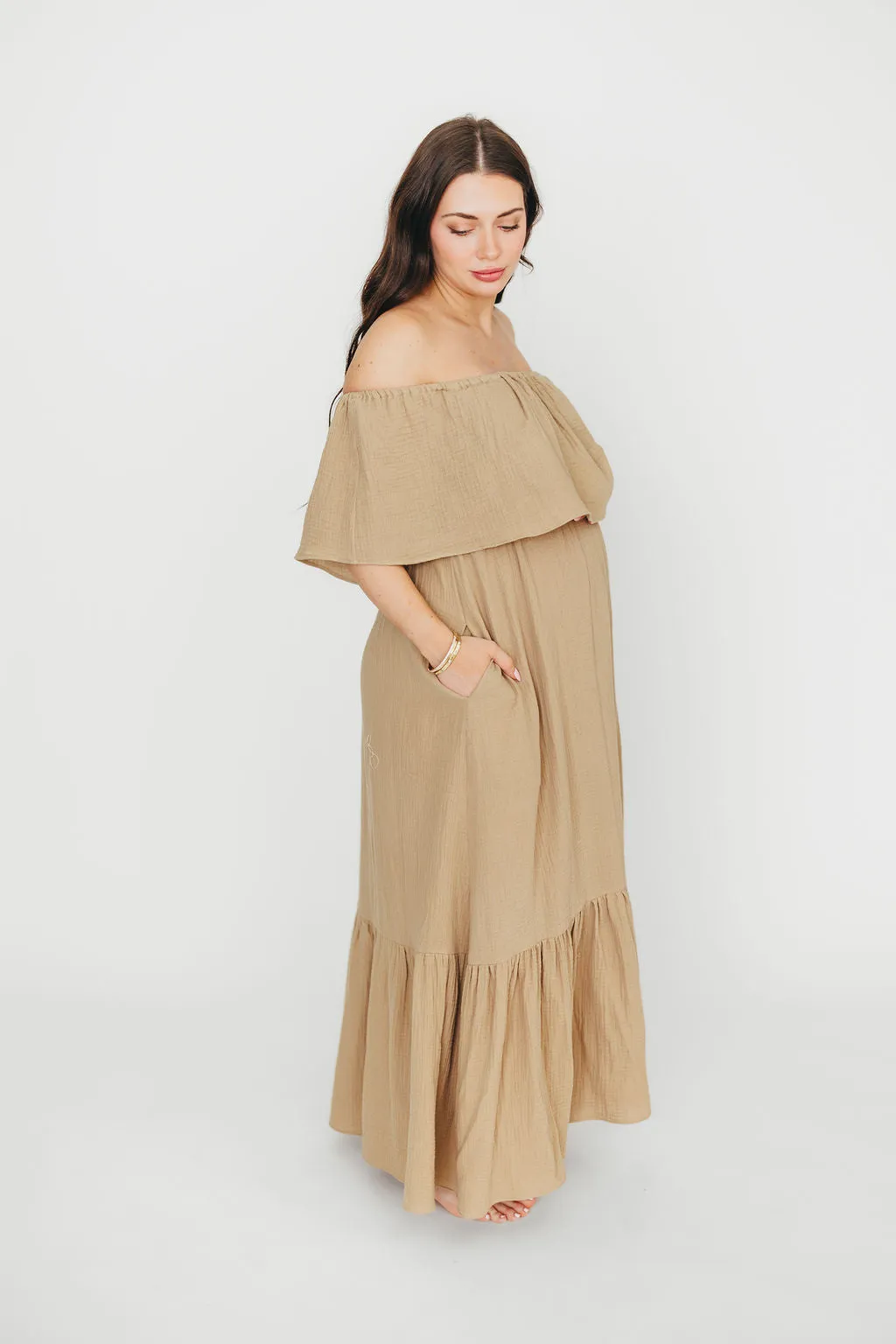 Josie 100% Cotton Maxi Dress in Khaki - Bump & Nursing Friendly